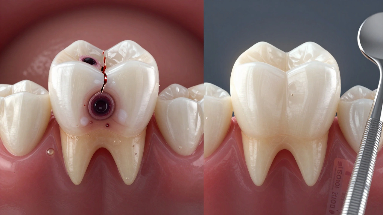 Struktura poškozeného zubu pod nekvalitním nalepovacím zubem v porovnání s bezpečnou keramickou vložkou.