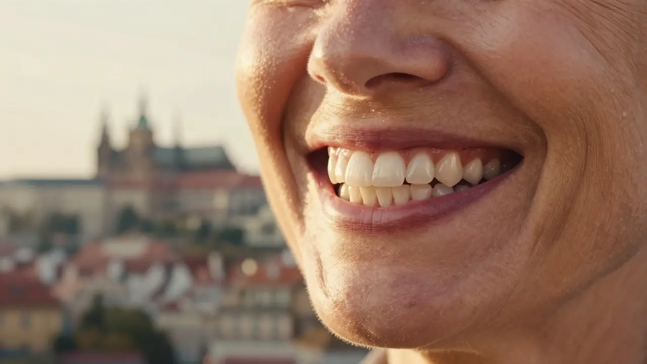 Woman smiling with ceramic dental prosthesis, sunlight enhancing natural tooth appearance.