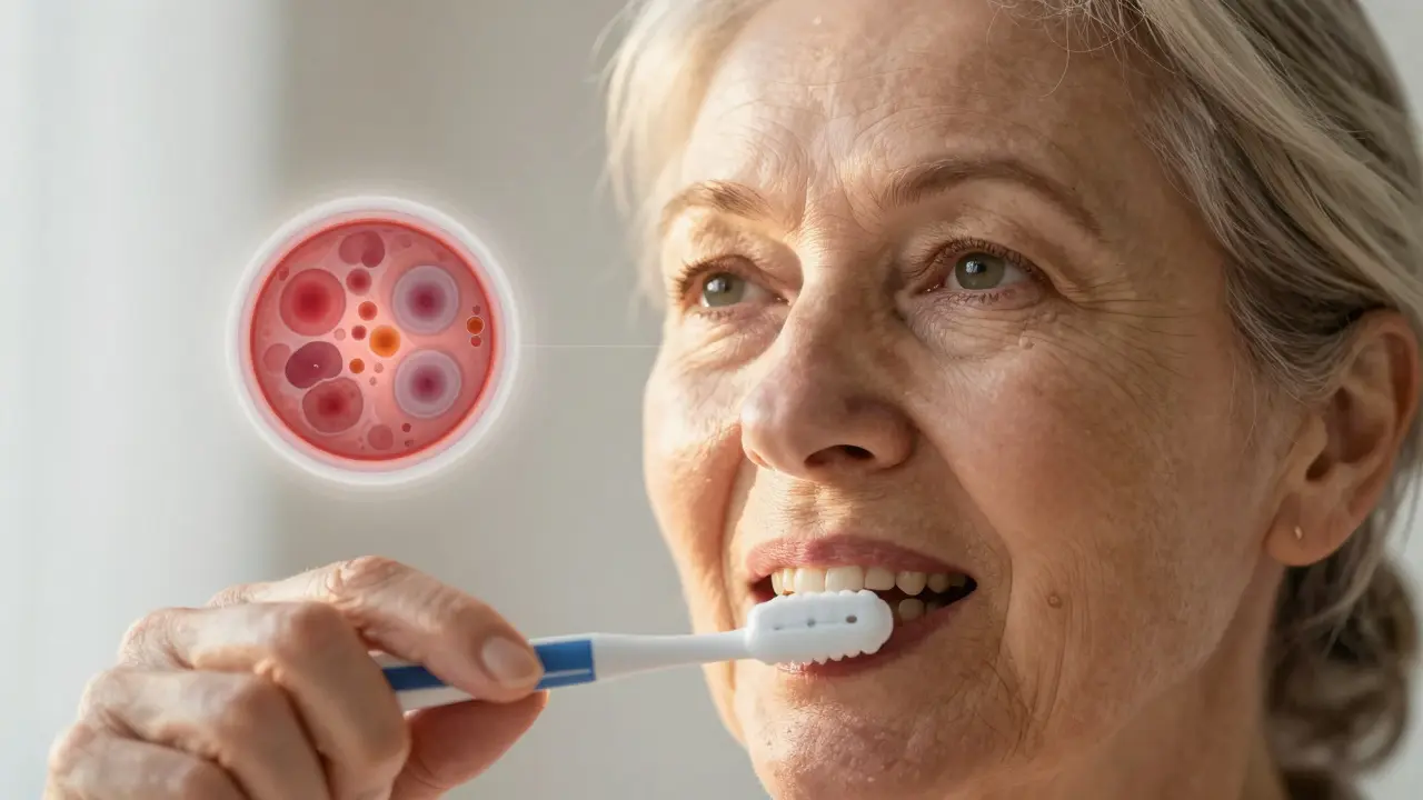 Žena čistící zuby, s přehledem zdravého a poškozeného zraku vedle sebe.