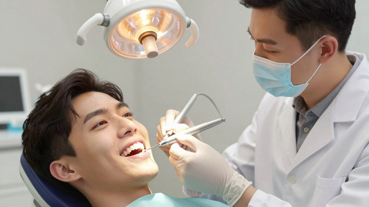 Zubař opravuje ulomený zub kompozitní výplní v klinice.