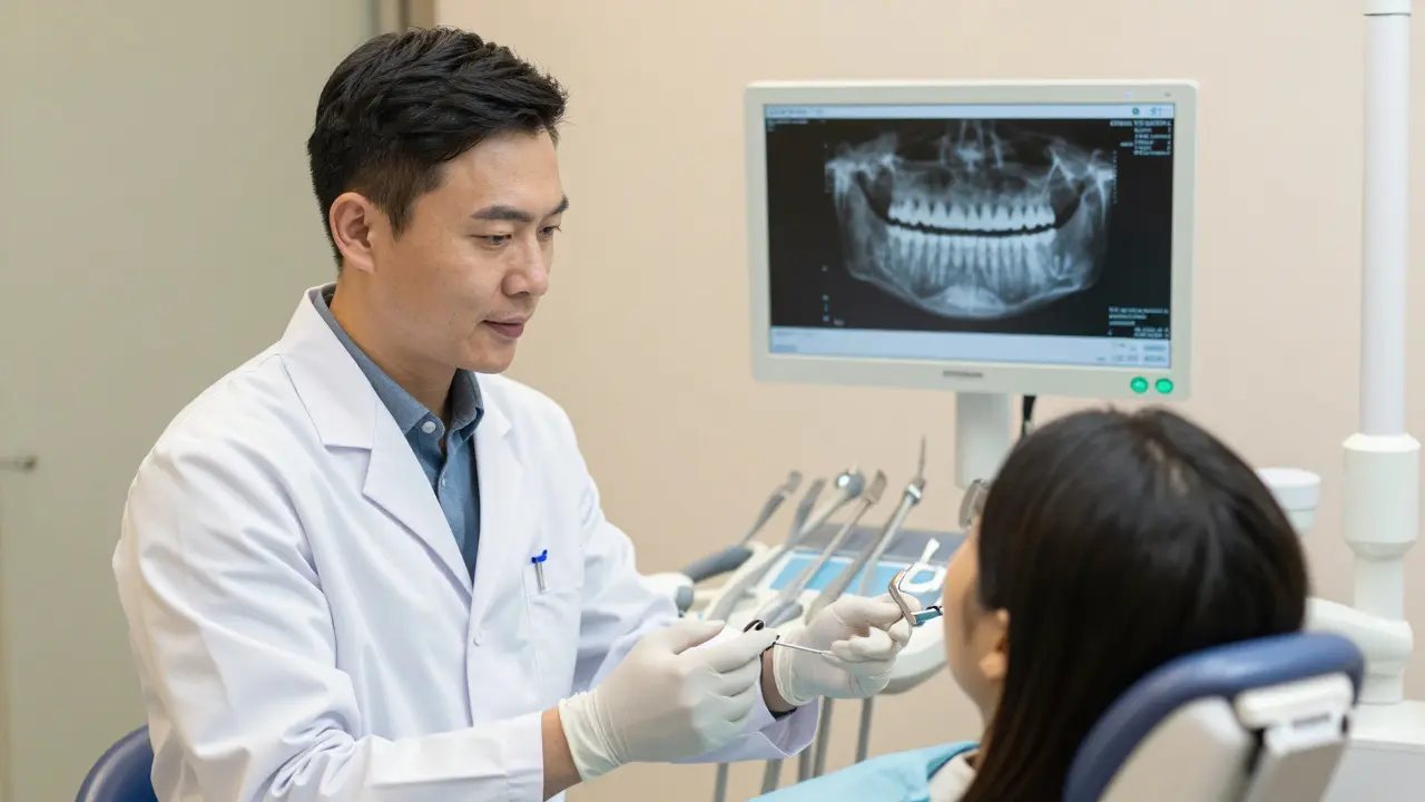 Zubní lékař vysvětluje pacientovi léčbu mezizubního kazů