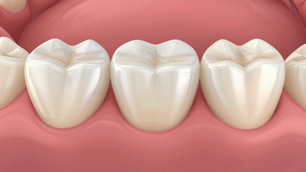 Zubní můstek z keramiky připevněný k přirozeným zubům s přirozeným vzhledem.