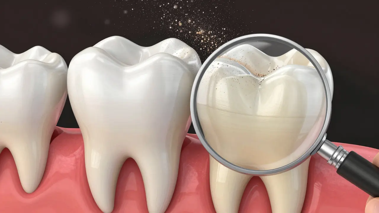 Zvětšený pohled na zub s poškozenou sklovinkou a zjevným dentinem.