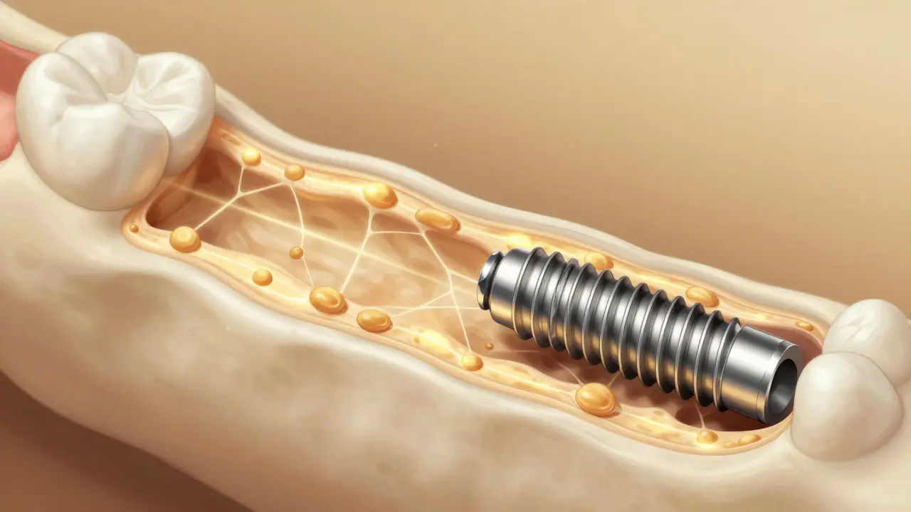 Cross-section illustration of a dental implant fusing with jawbone as new bone tissue grows around it.