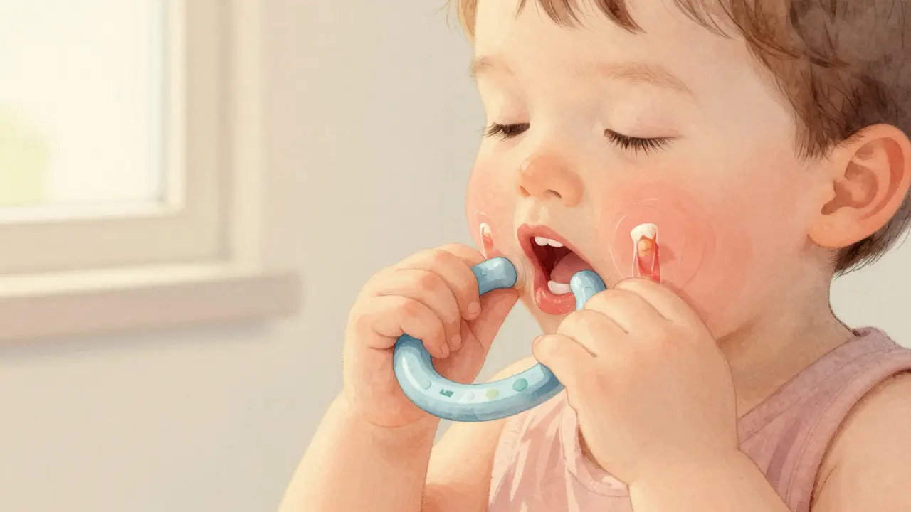 Dítě klidně kousá chladný teething prstenek, který ulehčuje bolest dásní.