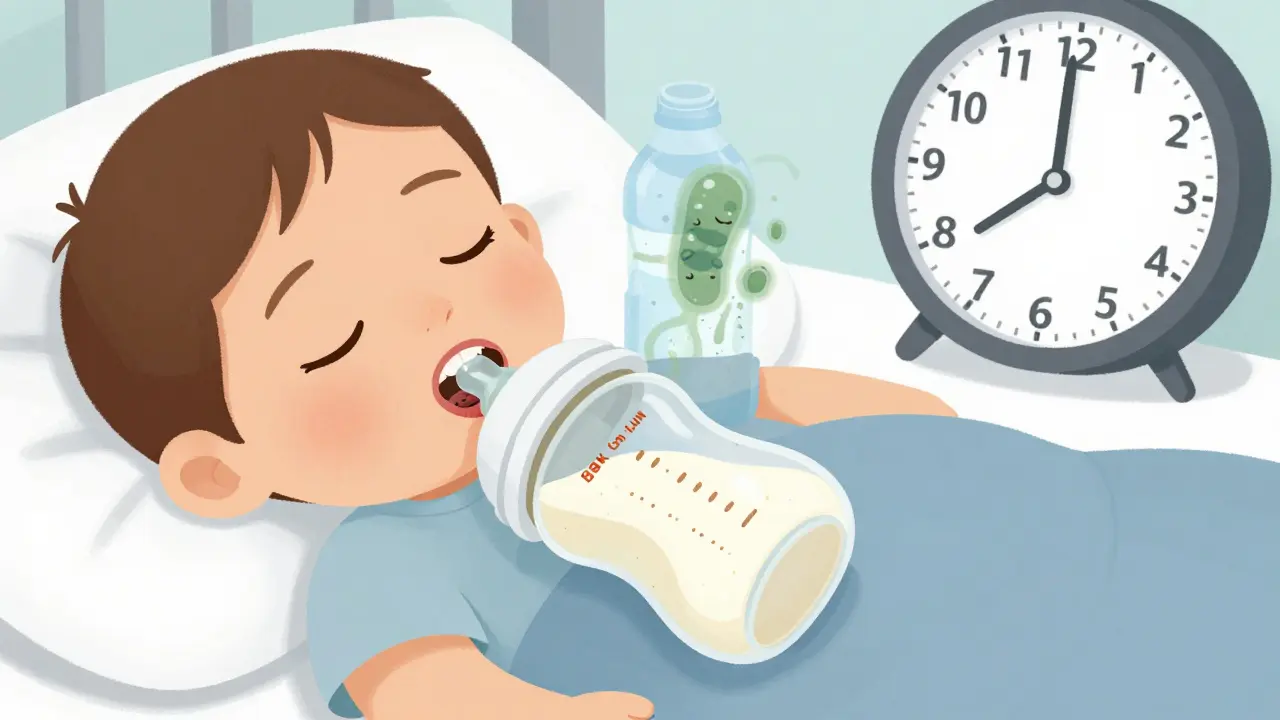 Dítě spí s láhvičkou mléka, na zubech jsou tmavé skvrny od kazu.