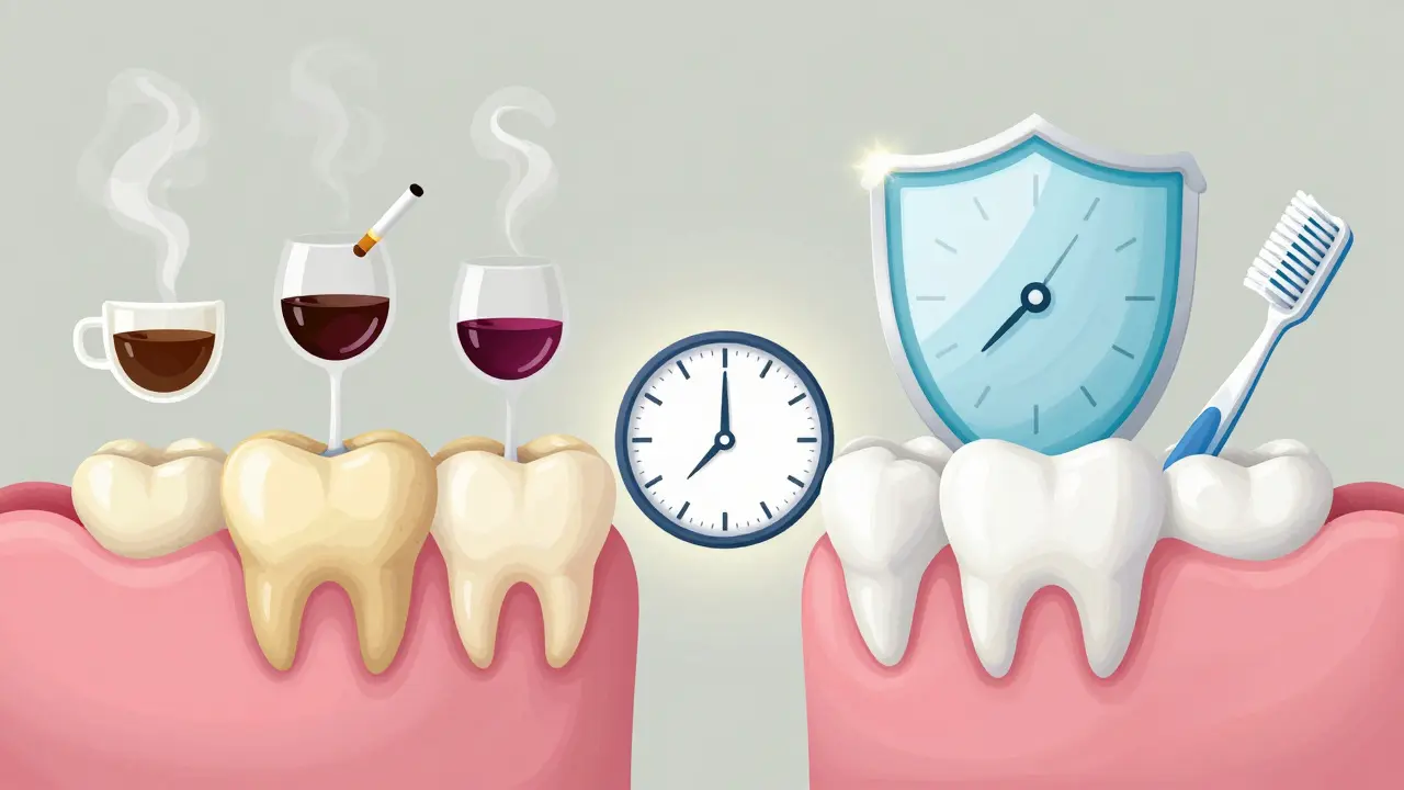 Dvě srovnávací obrázky zubů: žluté s barvivy a bílé s ochrannými prvky, symbolizující dobu 48 hodin po bělení.