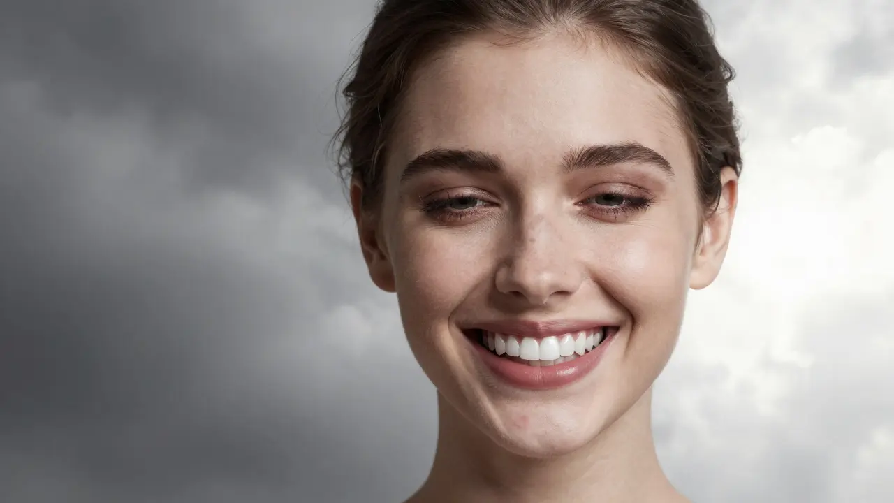 Dvojí obličej: jedna strana se šedými zuby, druhá s bílými veneers.