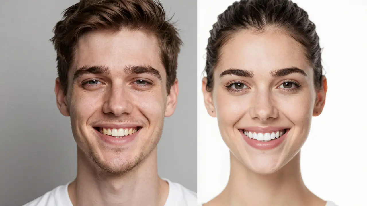 Dvojí portrét: před a po bělení zubů, zdůrazňující přechod od tmavého k bílému úsměvu.