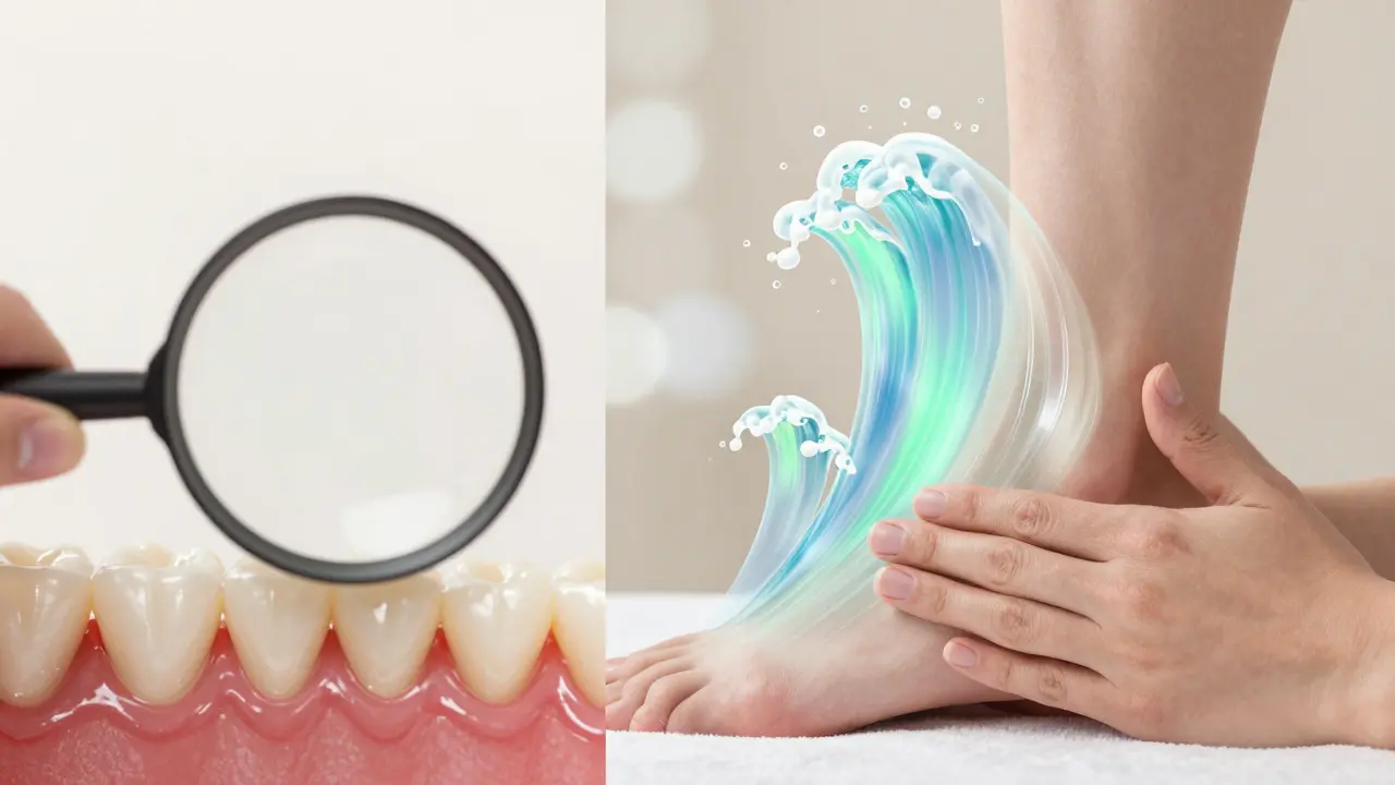 Dvojité zobrazení: zubní plak na jedné straně, masírování nohy s proudem energie směrem k ústům na druhé.