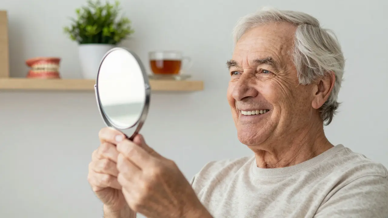 Elderly patient smiling proudly in natural light, showing a restored smile with a dental implant.