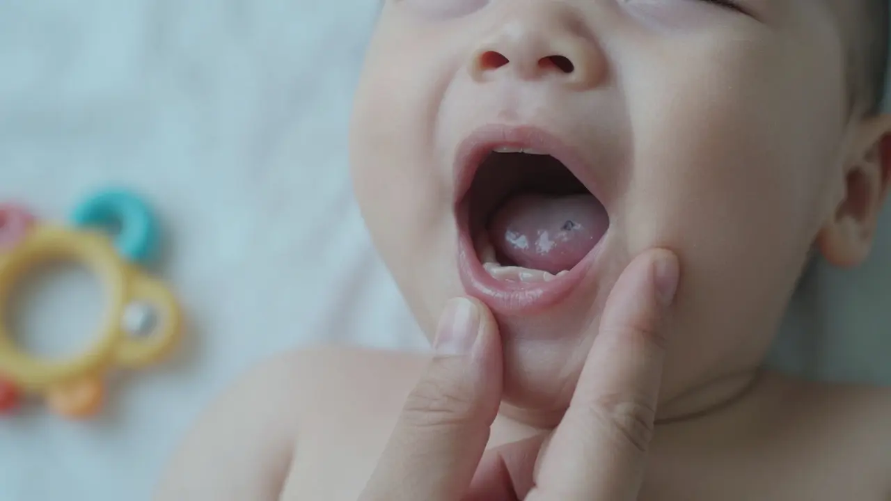 Jemná masáž dásní čistým prstem během růstu zoubku, s viditelným mírným otokem.