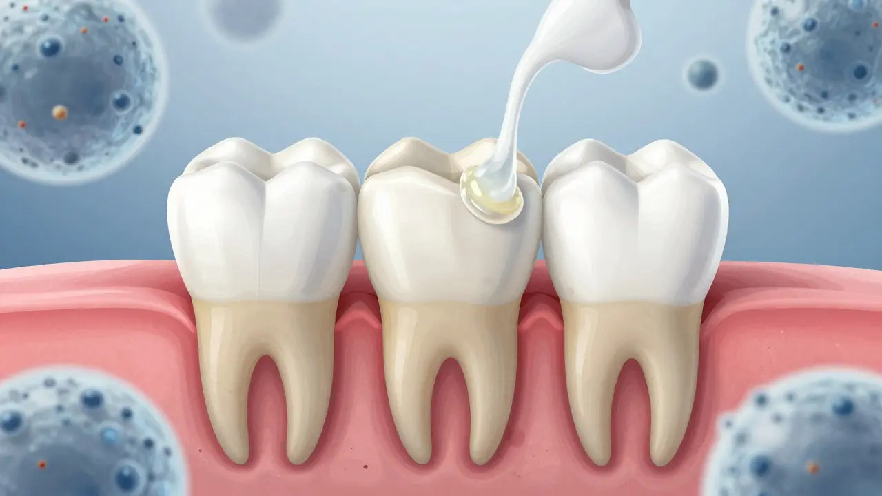 Křížový řez zubu ukazující, jak gel proniká do skloviny a odstraňuje skvrny.