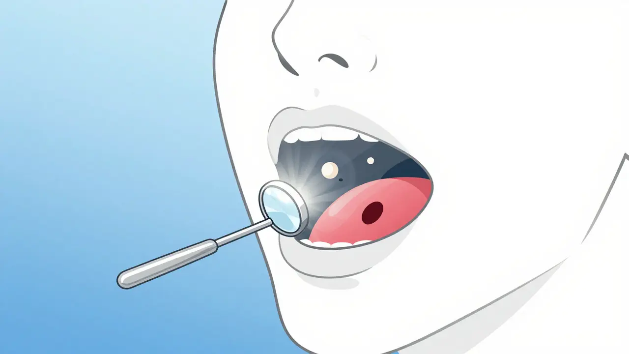 Minimální ilustrace úst s dentálním zrcátkem, které odhaluje skryté problémy jako zánět a kámen.