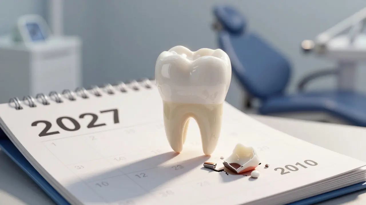 Nová plomba v pozadí a stará, poškozená plomba v popředí, s kalendářem označujícím kontrolu roku 2027.