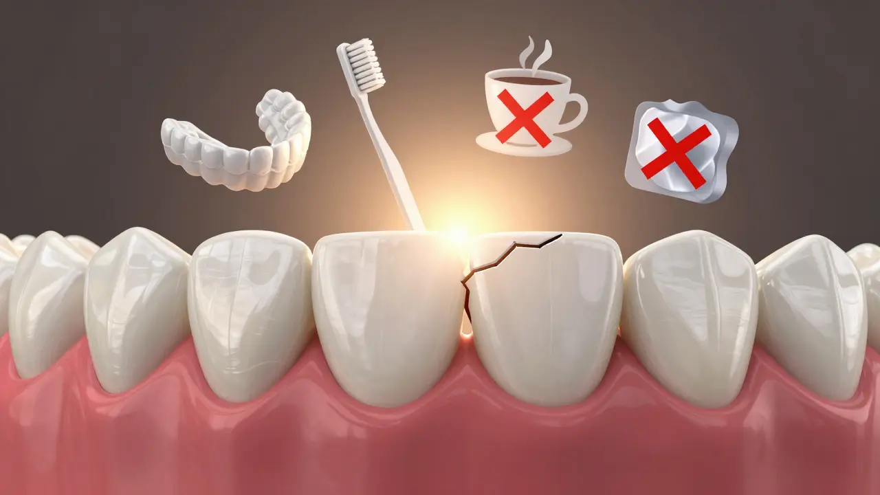 Opravená fazeta s symboly prevence: noční štětina, zubní kartáček, káva a led