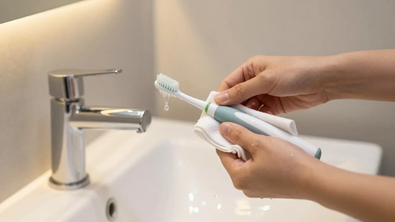 Osoba čistí hlavičku a držák sonického kartáčku pod tekoucí vodou a hadříkem.