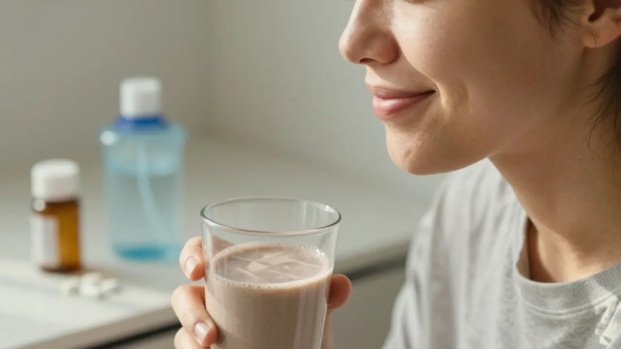 Osoba jí smoothie s jemným stínom po operaci osmky.