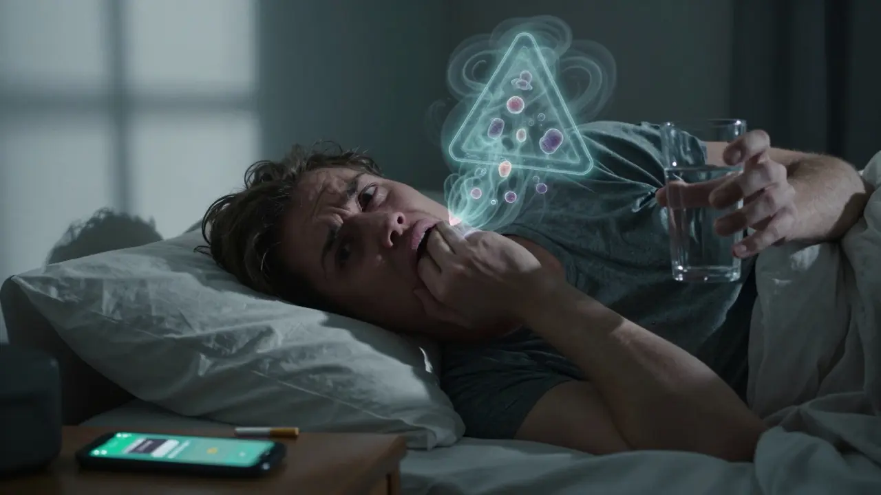 Pacient v posteli s bolestí čelisti, z úst se vynořuje mlha tvořená hnisem a bakteriemi.