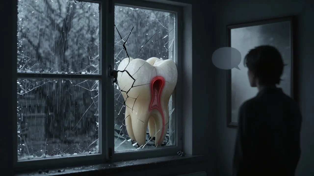 Prasklý zub jako zlomené okno, kde větrný proud vstupuje do infikovaného vnitřku.