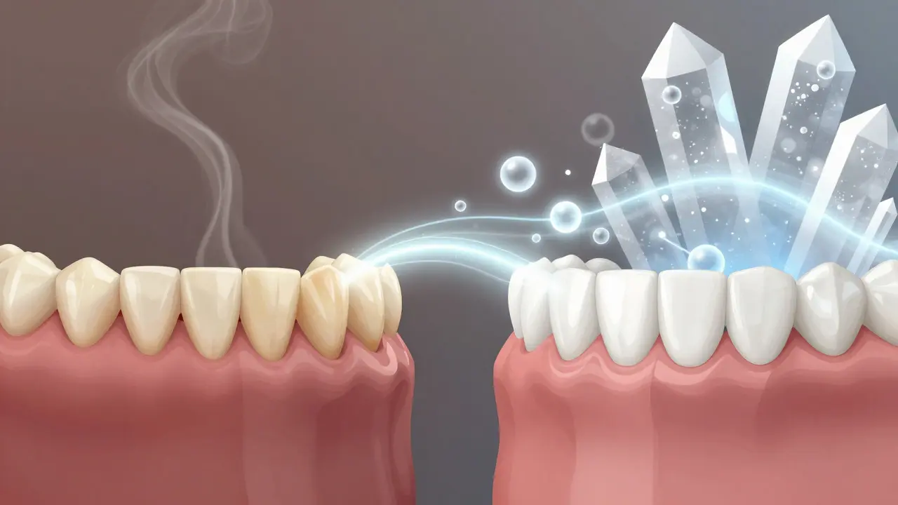 Před a po bělení zubů: žluté zuby vlevo, bílé vpravo, s vědeckými prvky peroxidu a fluoridu.