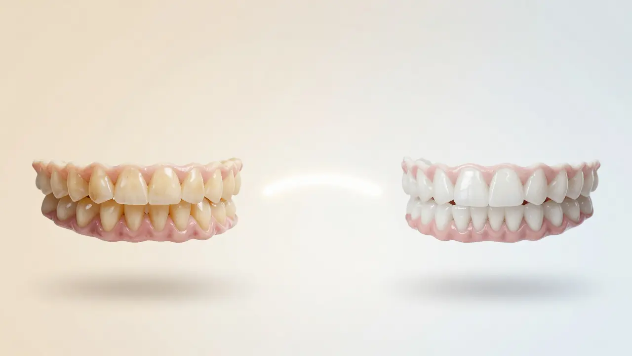 Před a po: tmavé zuby na levé straně, světlejší na pravé, spojené světelným obloukem.