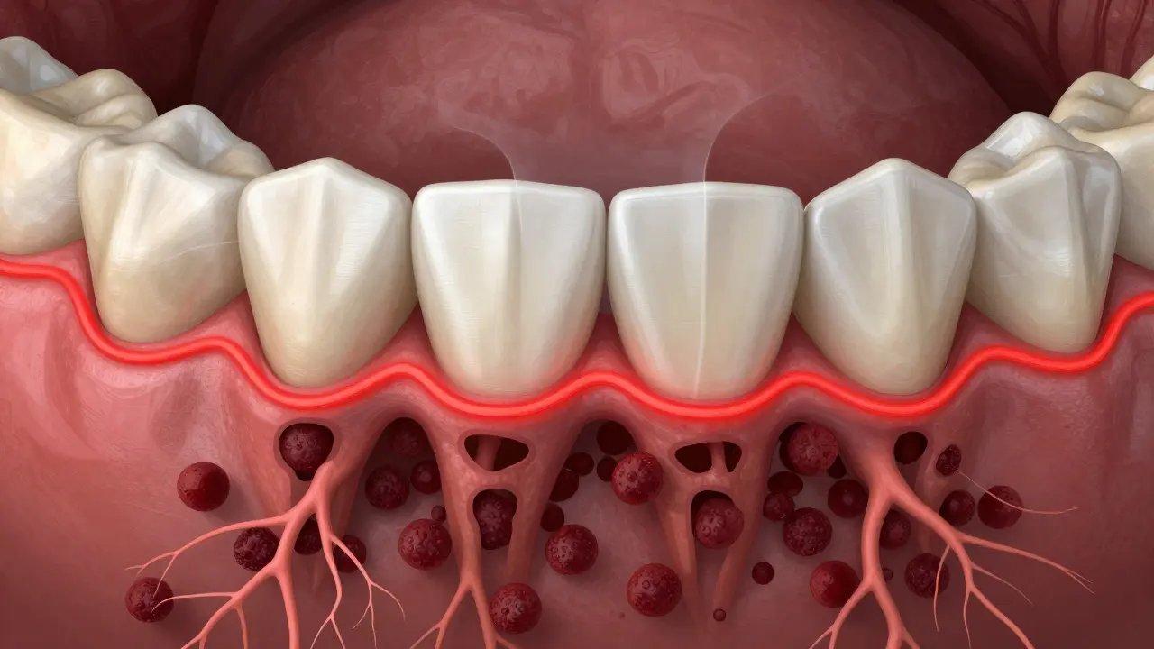 Příčný řez čelistí s bakteriemi ničícími kost kolem zubů a rozšiřující se mezerou.