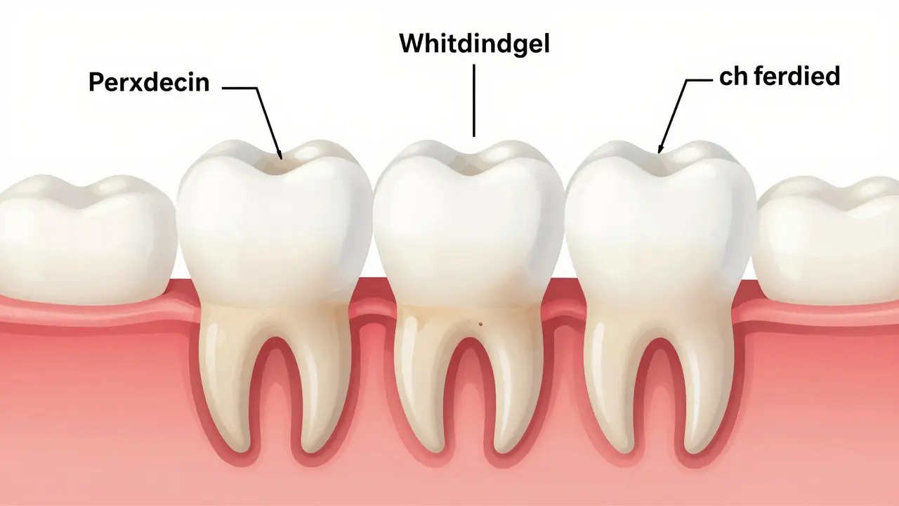 Příčný řez zubem s bělicími látkami pronikajícími do skloviny a rozkládajícími skvrny.
