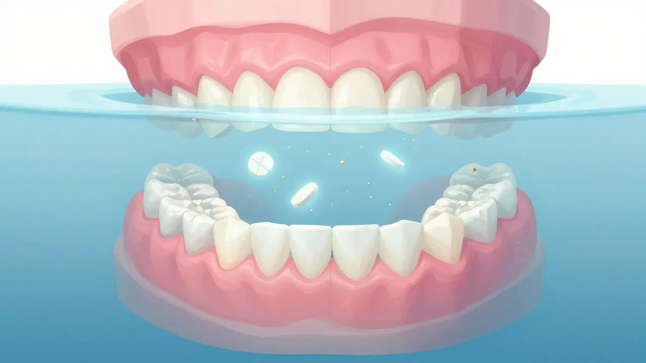Protézy ve vodě s čisticími tabletami a vznikajícími zdravými dásněmi.