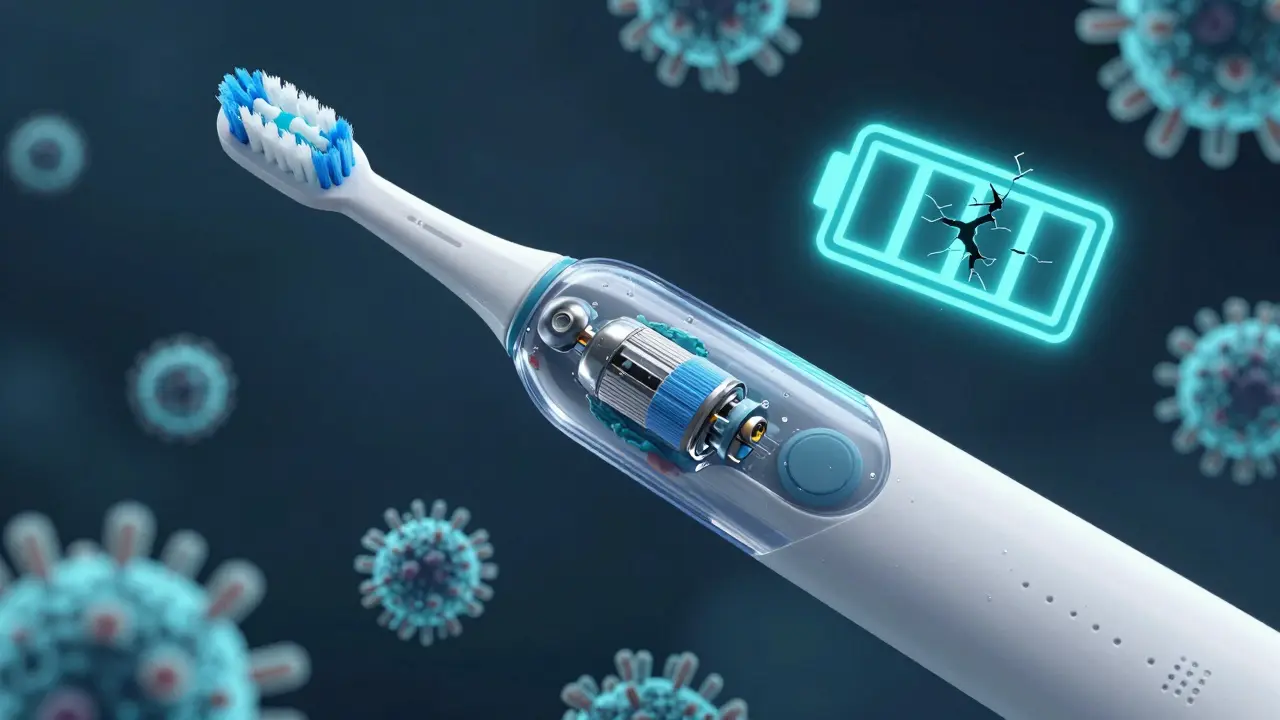 Průhledný sonický kartáček s viditelným znečištěním motoru a bakteriemi uvnitř.