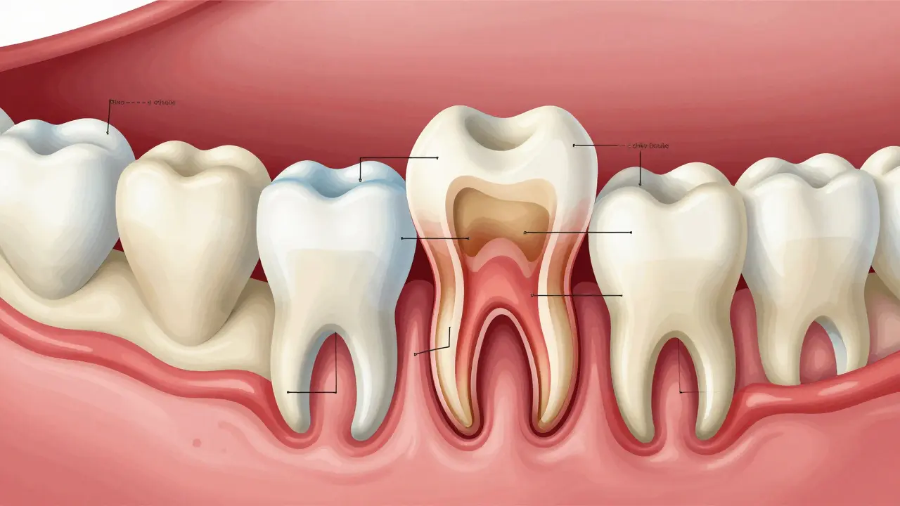 Průřez čelisti s krevní sraženinou v místě vytažené osmky.