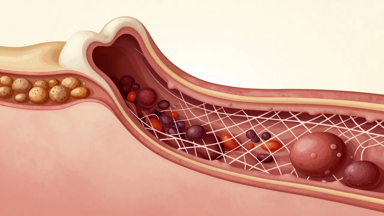 Průřez důlku ukazující vrstvy krevní sraženiny s fibrinovými vlákny a regenerujícími buňkami.