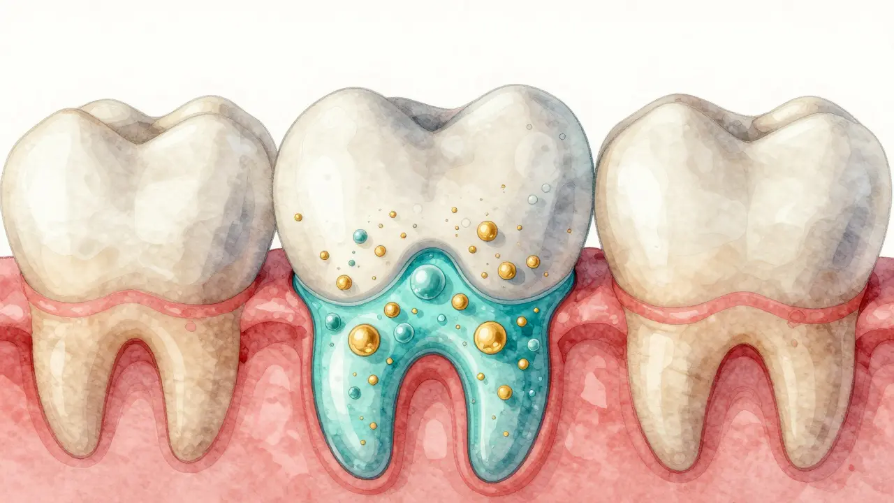Průřez zubu ukazující obnovu sklovinky pod vlivem fluoridu, minerály se vrací do poškozené plochy.