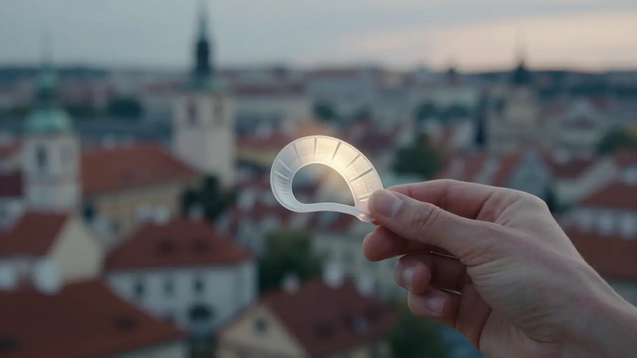 Ruka vkládá bělicí nosič do úst, měkké osvětlení a městský pozadí v soumraku, symbolizující bezpečné bělení doma.