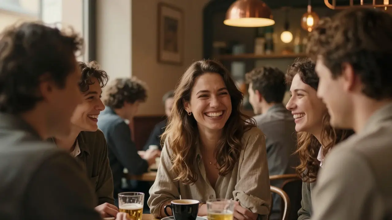 Skupina lidí se směje v kavárně, jedna žena má otevřený, sebejistý úsměv.