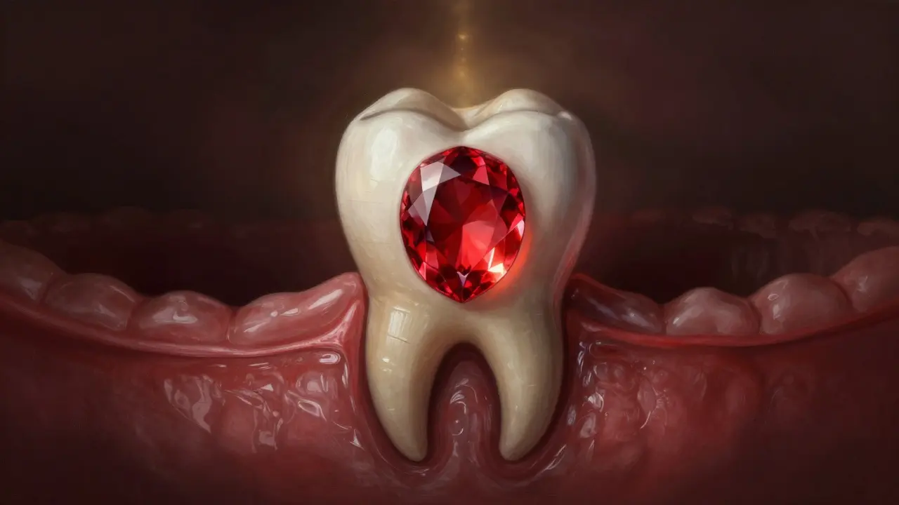 Symbolický obraz krevní sraženiny jako zářivého štítu chránícího hojení dásně.