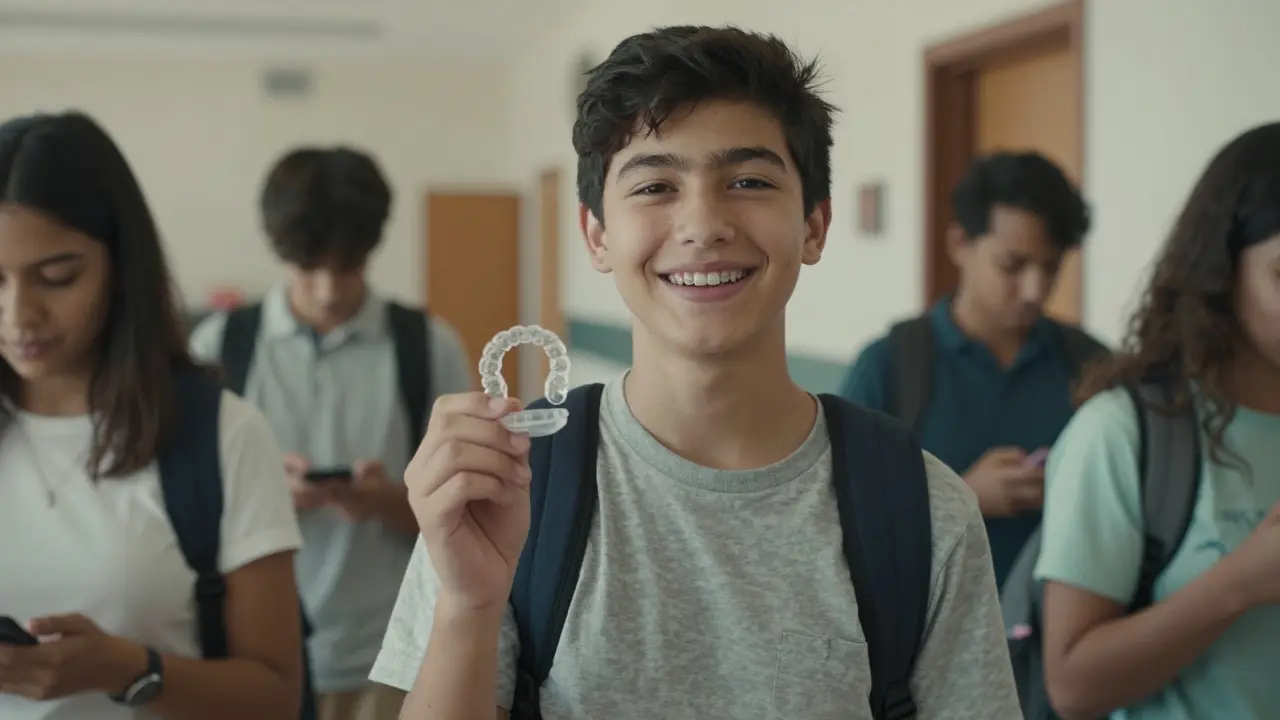 Teenager se směje v škole s neviditelným ortodontickým zařízením.