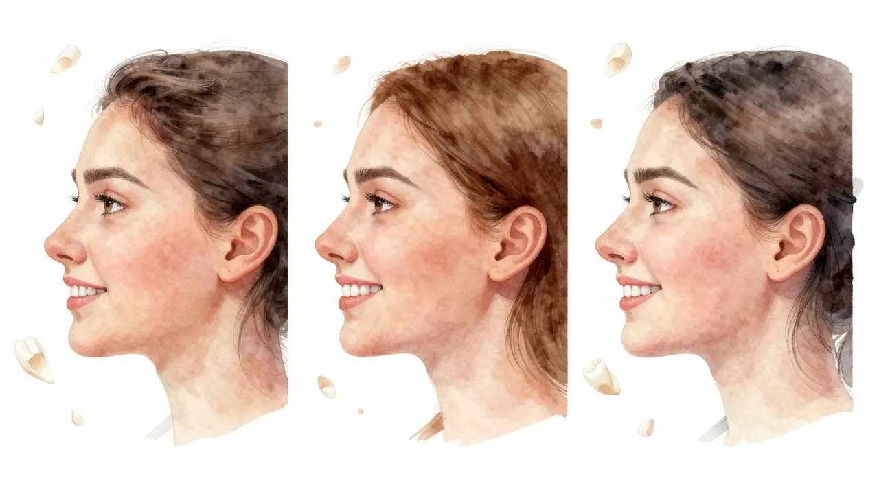 Three different patients experiencing cosmetic dental transformation through veneers.