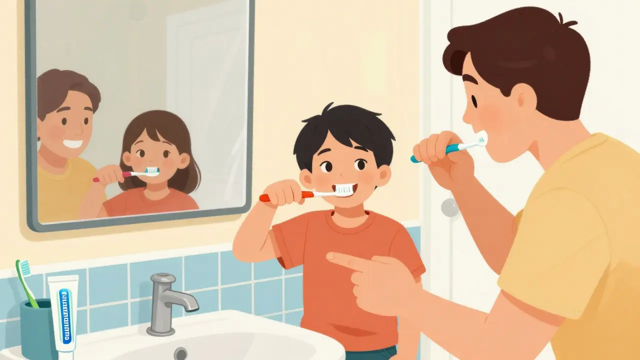 Tři děti společně čistí zuby s rodičem, všechny se usmívají do zrcadla.