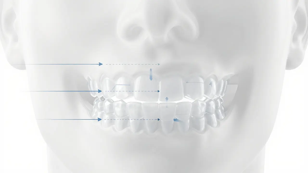 Tři průhledné zařízení v řadě ukazují postupné posouvání zubů.