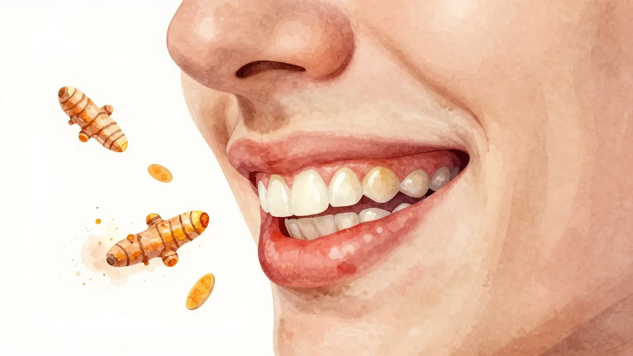 Vnitřek ústní dutiny s poklesnou zánětlivostí a zlatými částicemi kurkumy.