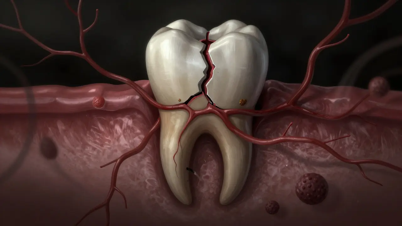 Vnitřní struktura mrtvého zubu s infekcí šířící se do čelisti.