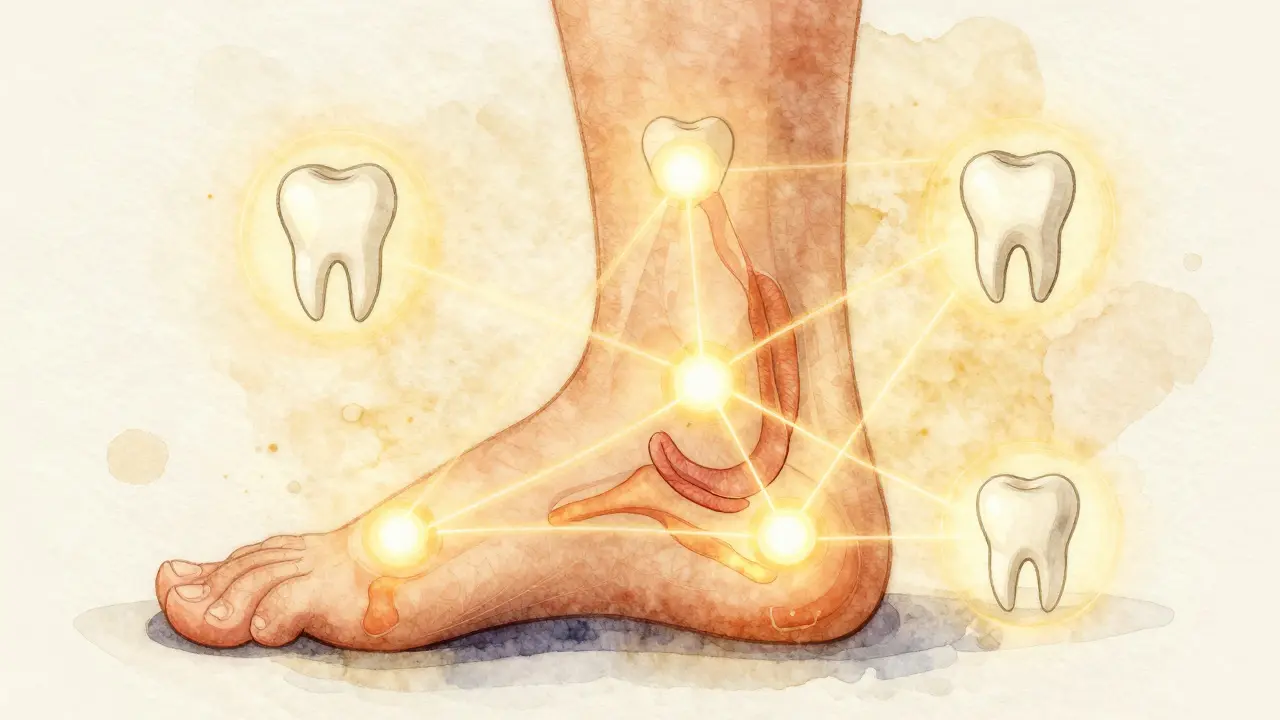 Vodová barva ilustrace chodidla s energickými linkami spojujícími reflexní body s ústy a trávicím systémem.