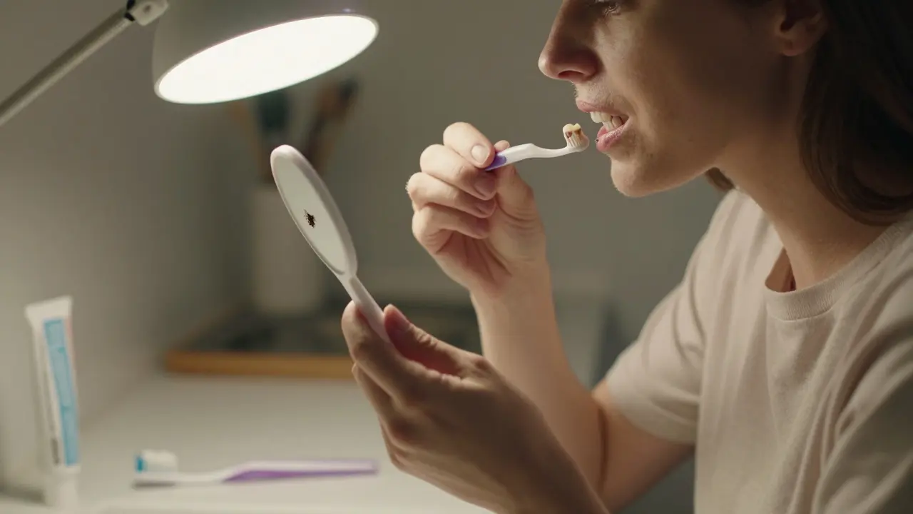 Žena kontroluje zuby doma pomocí plastového dentálního zrcátka při dobrém osvětlení.