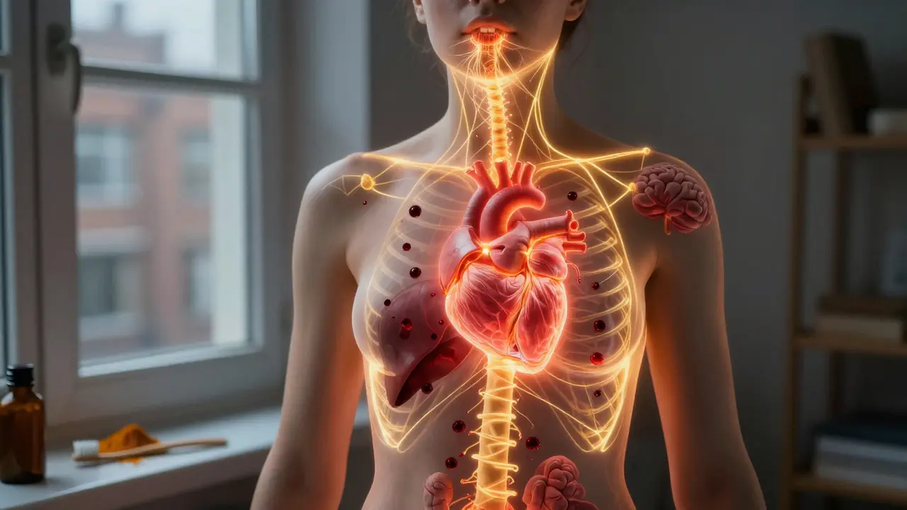 Zlatá síť z kurkumy spojuje ústní dutinu s celým tělem jako protizánětlivý efekt.