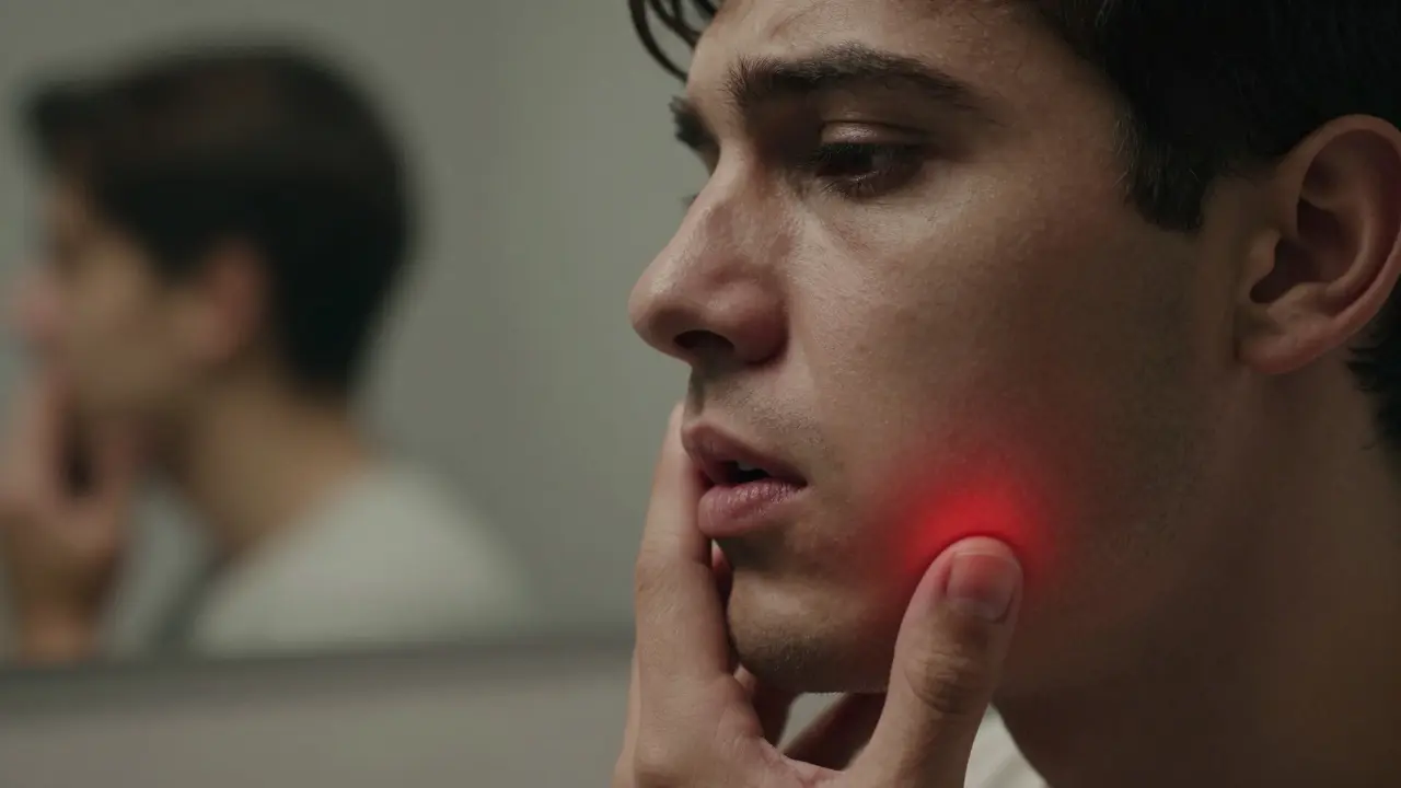 Změna obličeje způsobená skrytou infekcí v čelisti.