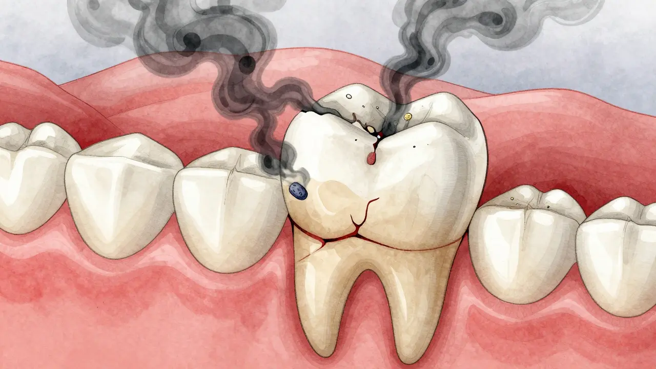 Zub pod tlakem kousání, s bakteriemi pronikajícími pod plombu, v stylu vodové malby.