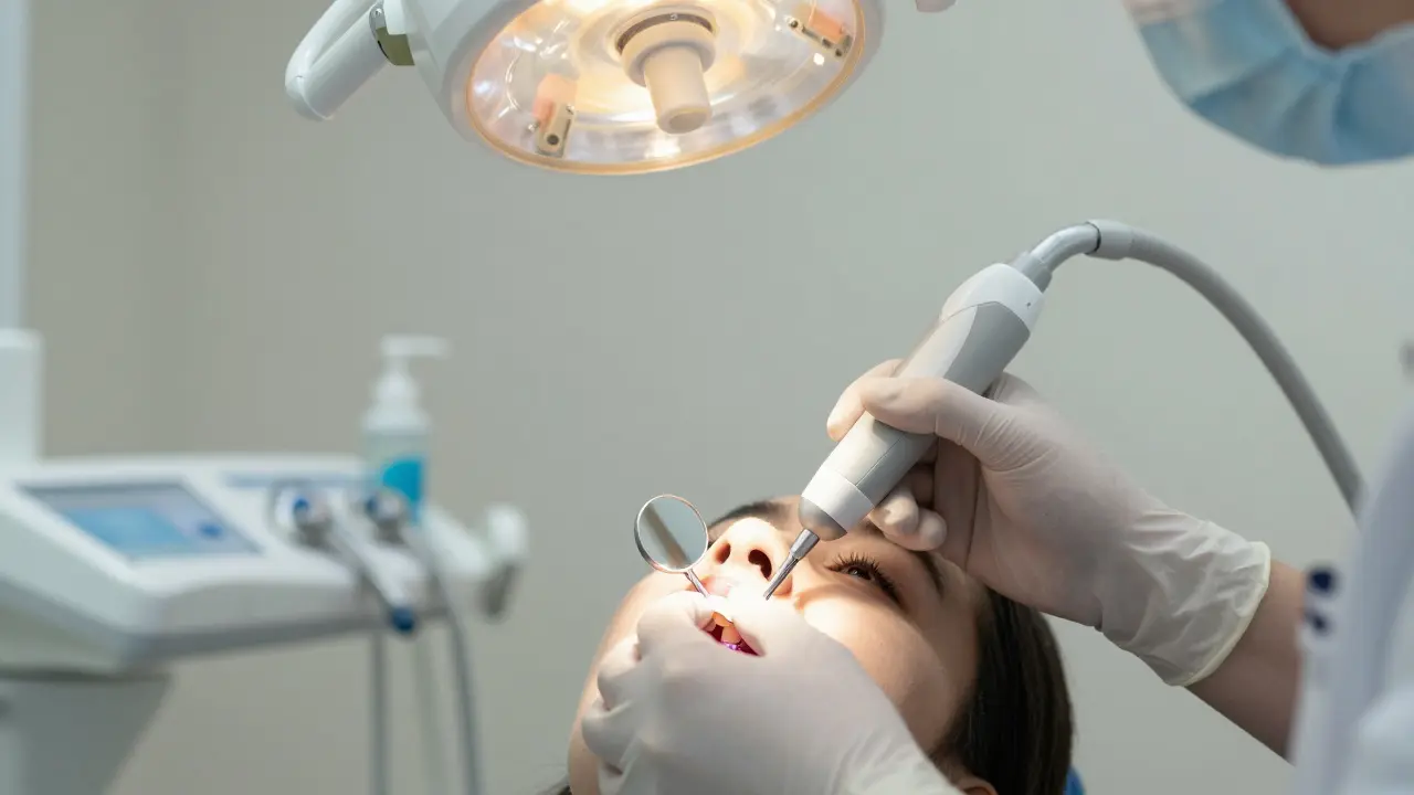 Zubní hygienik odstraňuje kámen pod dásní pomocí ultrazvukového skrabáku.