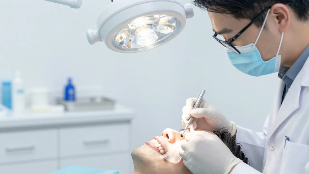 Zubní lékař aplikuje porcelánové vložky na přední zuby pacienta.