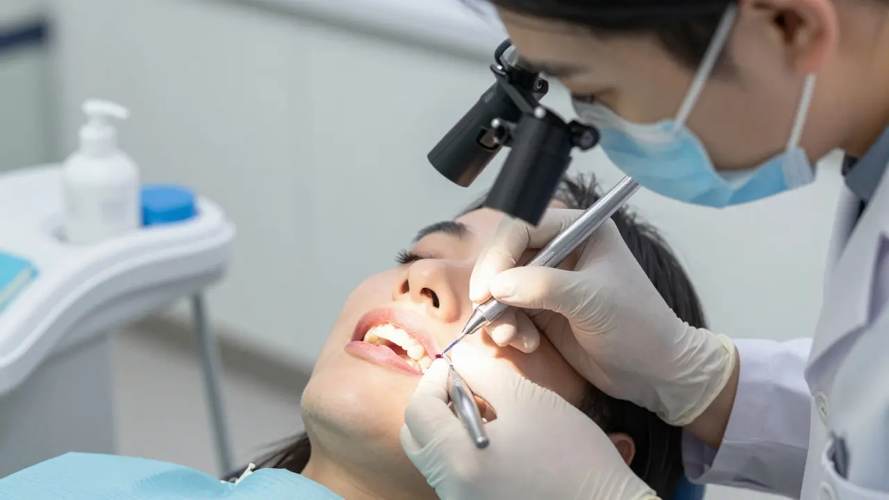 Zubní lékař opravuje sklovinu na fazetě jemnými nástroji